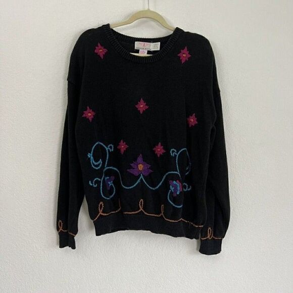 American Weekend Sweaters - American Weekend Women’s Vintage 80s Black Knit Floral Embroidered Sweater Large